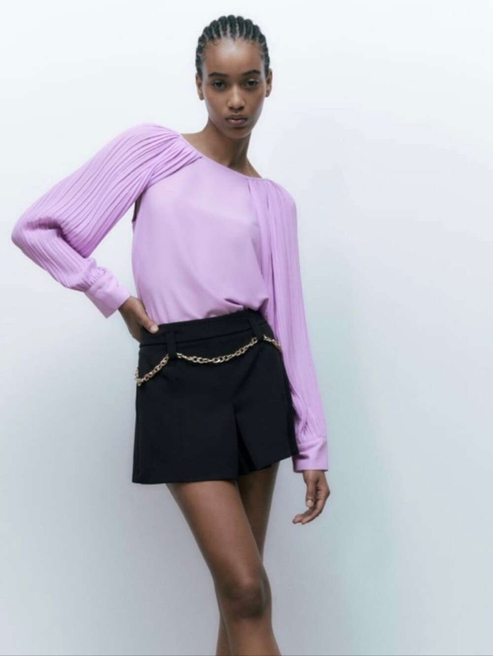 Zara Lavender Raglan Long Sleeve Purple Pleated Top - Picture 1 of 4